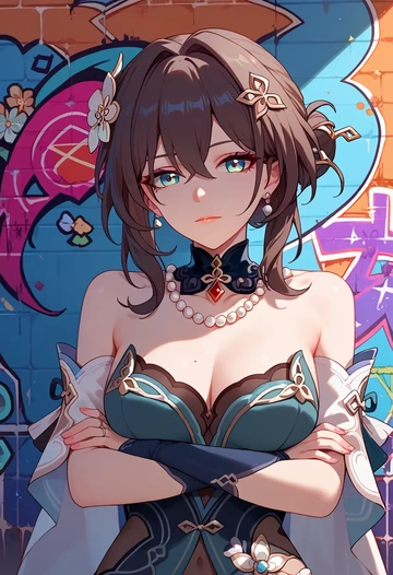 star rail,ruan mei,patchwork graffiti top,dolphin shorts  - AI generated anime art